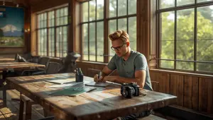 traveler writing a message at a park visitor center desk