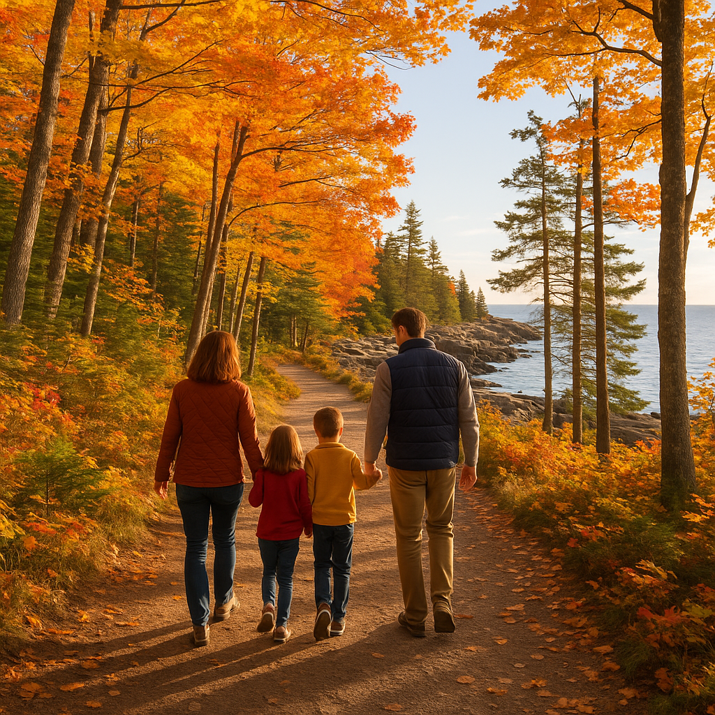 Acadia in the Fall Ship Harbor Trail family walk with kids and parents on a colorful forest path leading to the ocean