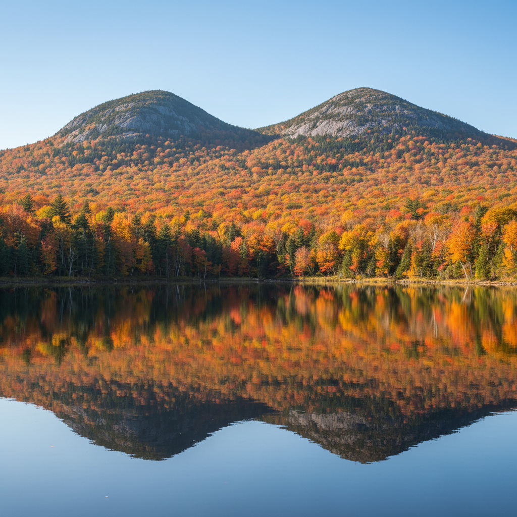 Acadia in the fall with autumn foliage at Jordan Pond and the Bubbles
