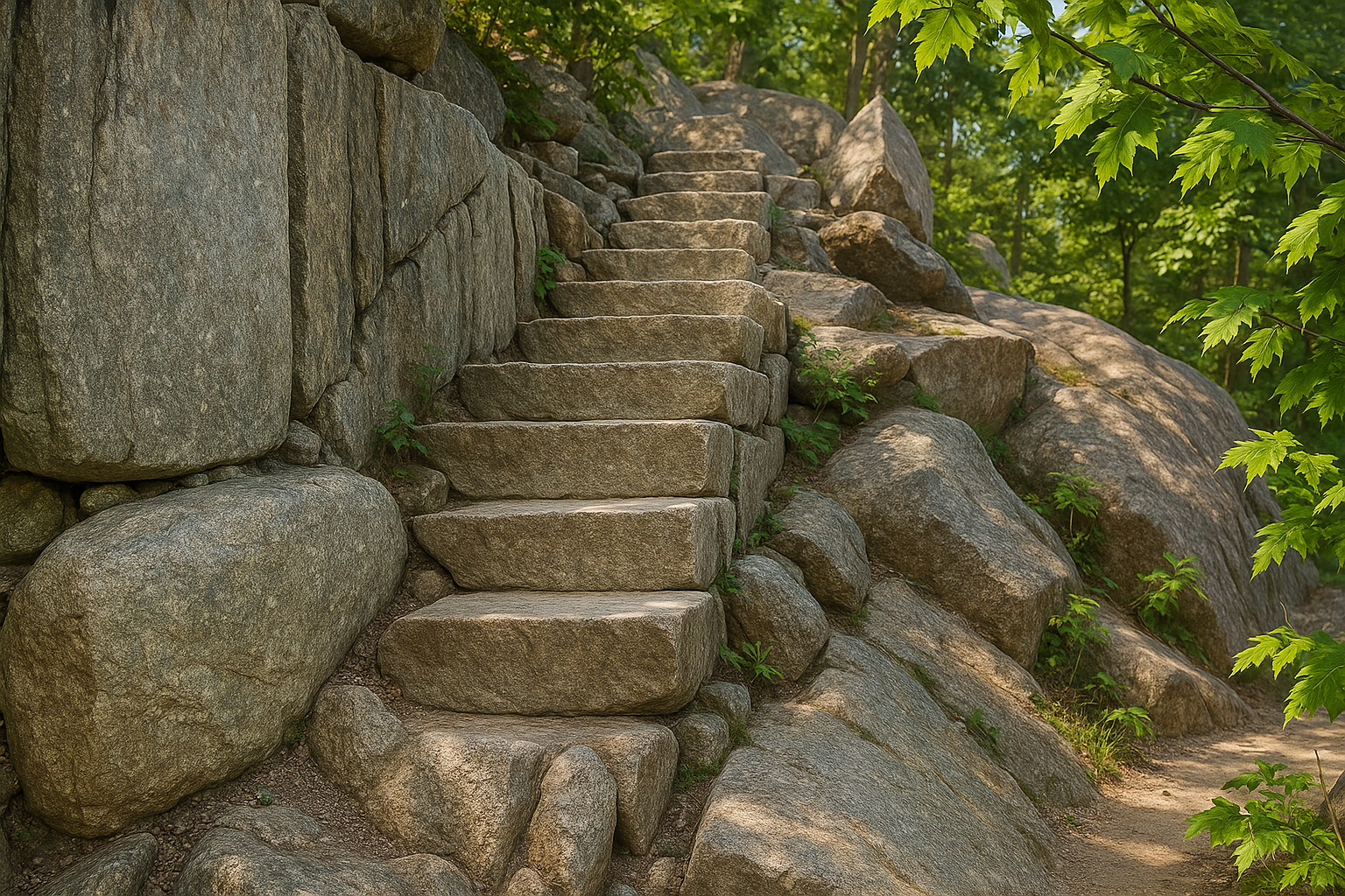 Beehive Trail Acadia – Granite Steps with Sunlight and Moss Growth Granite steps on Beehive Trail Acadia National Park with sunlight, leaves, and small plants growing from cracks in the rocks