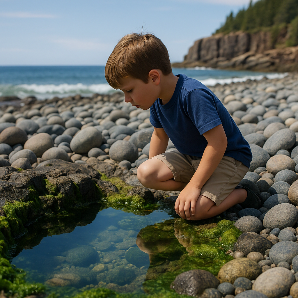 A child in shorts and a t-shirt crouches beside a boulder beach Acadia rockpool, gazing into the clear water among scattered stones and seaweed. A child in shorts and a t-shirt crouches beside a boulder beach Acadia rockpool, gazing into the clear water among scattered stones and seaweed.