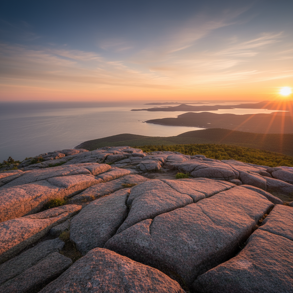 Sunrise and sunset views from Day Mountain in Acadia National Park Sunrise and sunset views from Day Mountain in Acadia National Park