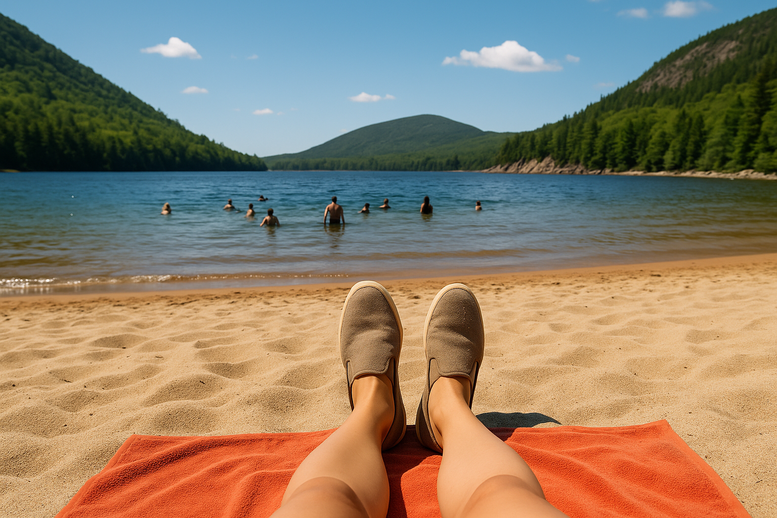 View from a towel on Echo Lake Beach in Acadia National Park, with sand-covered shoes in the foreground and swimmers enjoying the lake against a backdrop of forested hills.