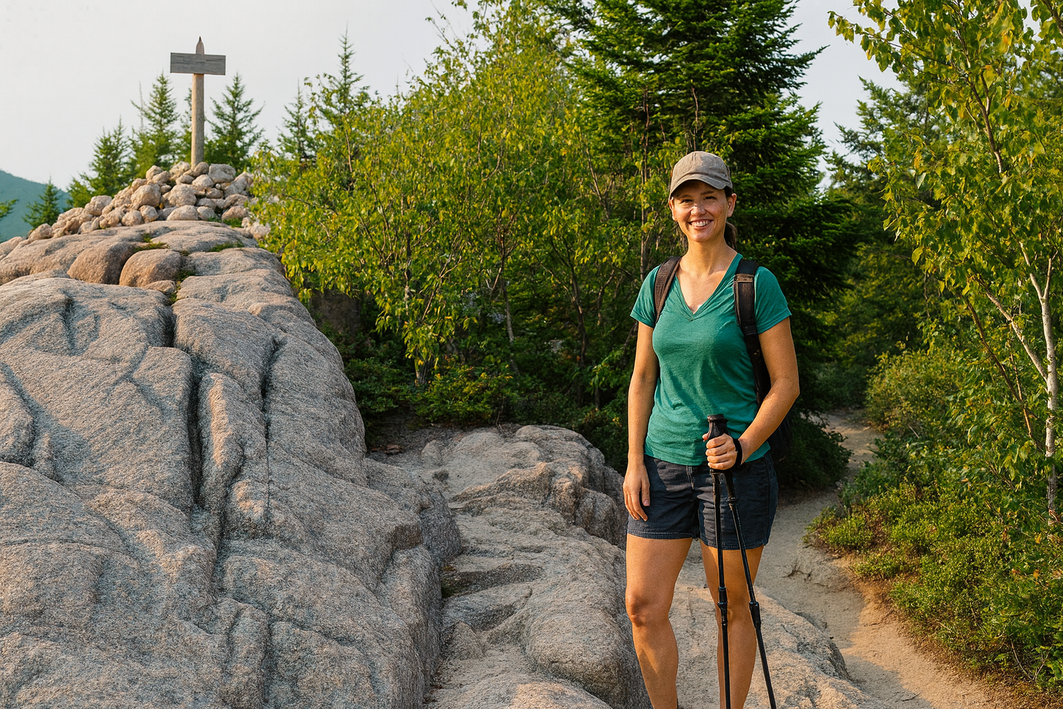 Hiker smiling on North Bubble Mountain trail in Acadia National Park