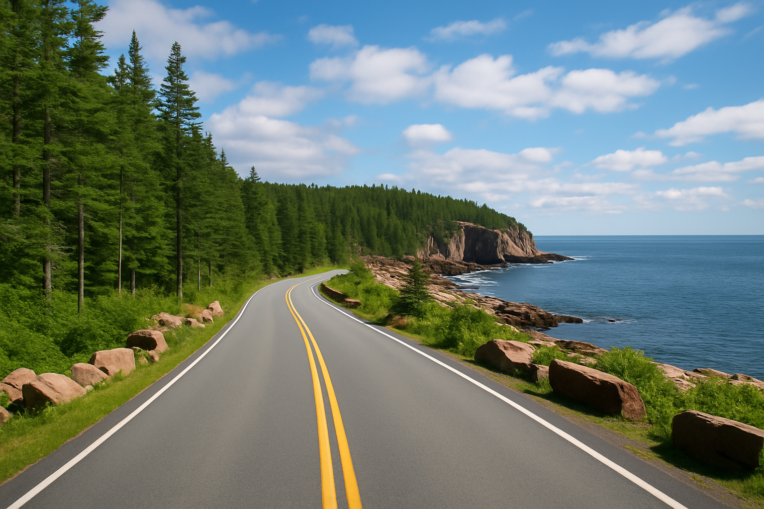 Scenic view of Park Loop Road leading toward Boulder Beach in Acadia National Park, with ocean cliffs and forest along the coast Scenic view of Park Loop Road leading toward Boulder Beach in Acadia National Park, with ocean cliffs and forest along the coast