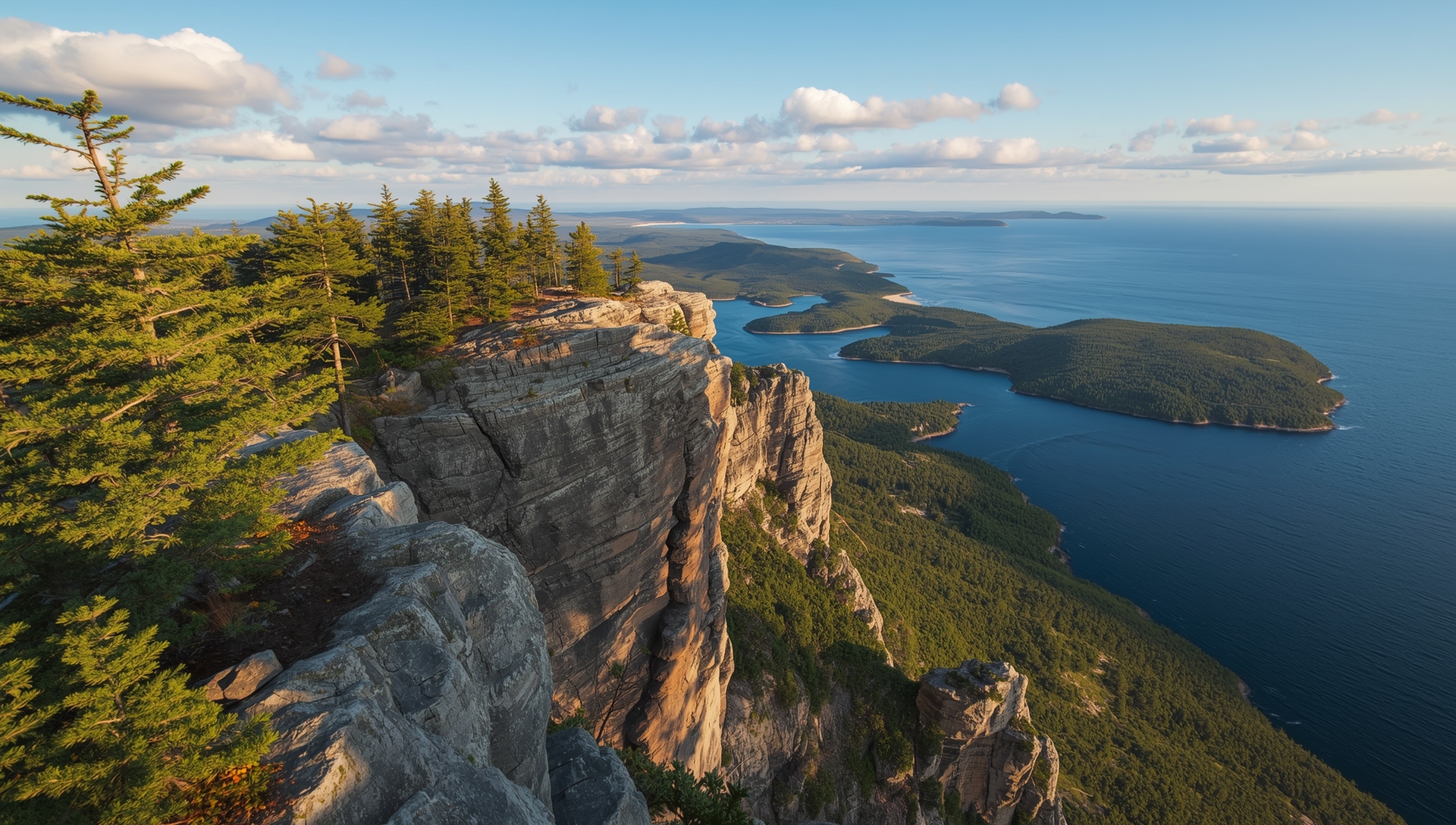 Granite cliffs and pine trees on Champlain Mountain overlooking Frenchman Bay along the Precipice Trail Acadia National Park. Granite cliffs and pine trees on Champlain Mountain overlooking Frenchman Bay along the Precipice Trail Acadia National Park.