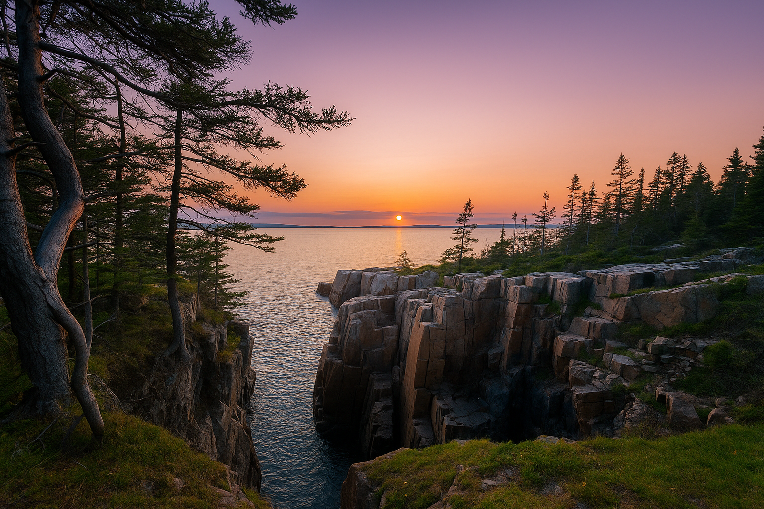 Ravens Nest Acadia cliffs at sunset with pine trees and ocean view