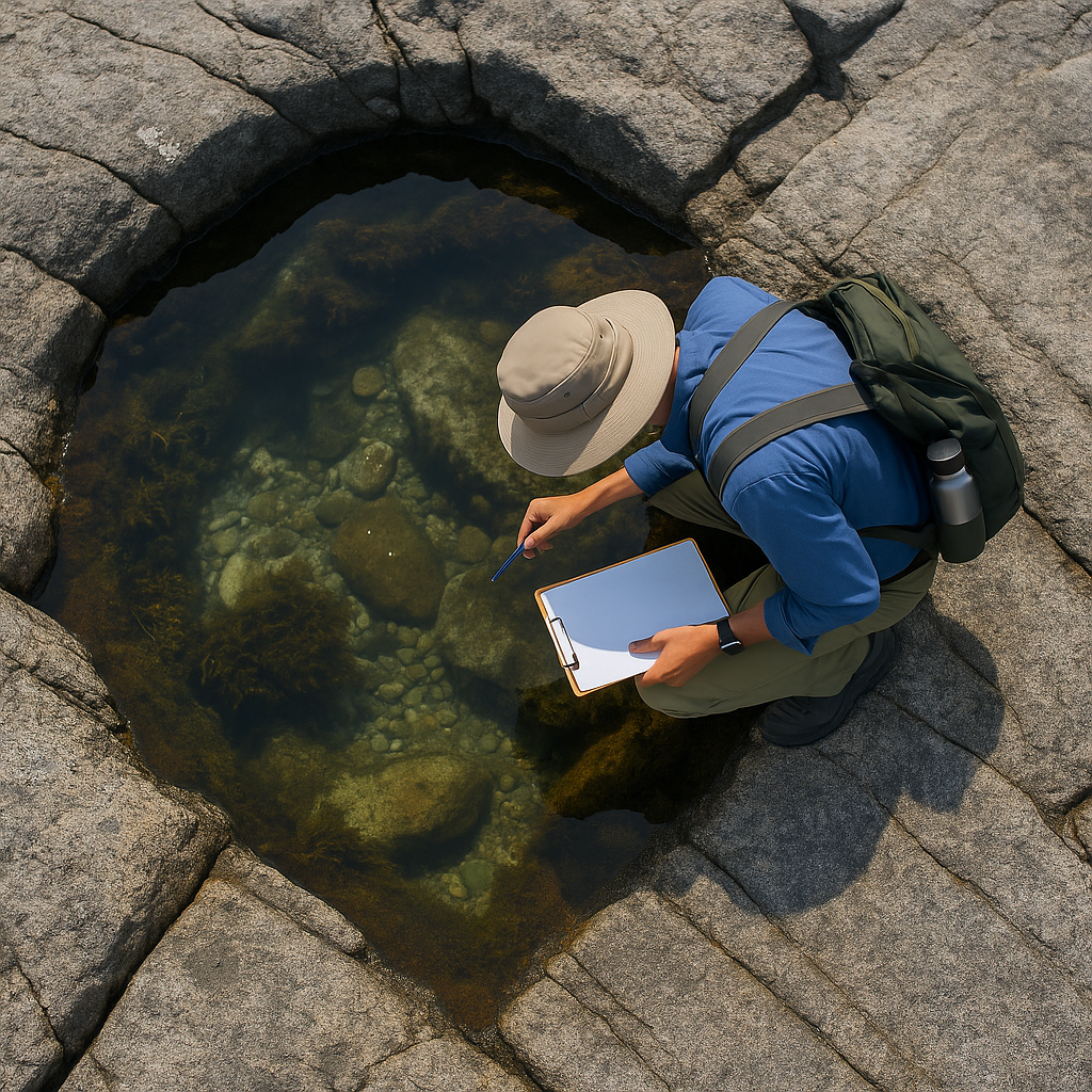 Schoodic Institute scientist studying a tidepool with clipboard from above