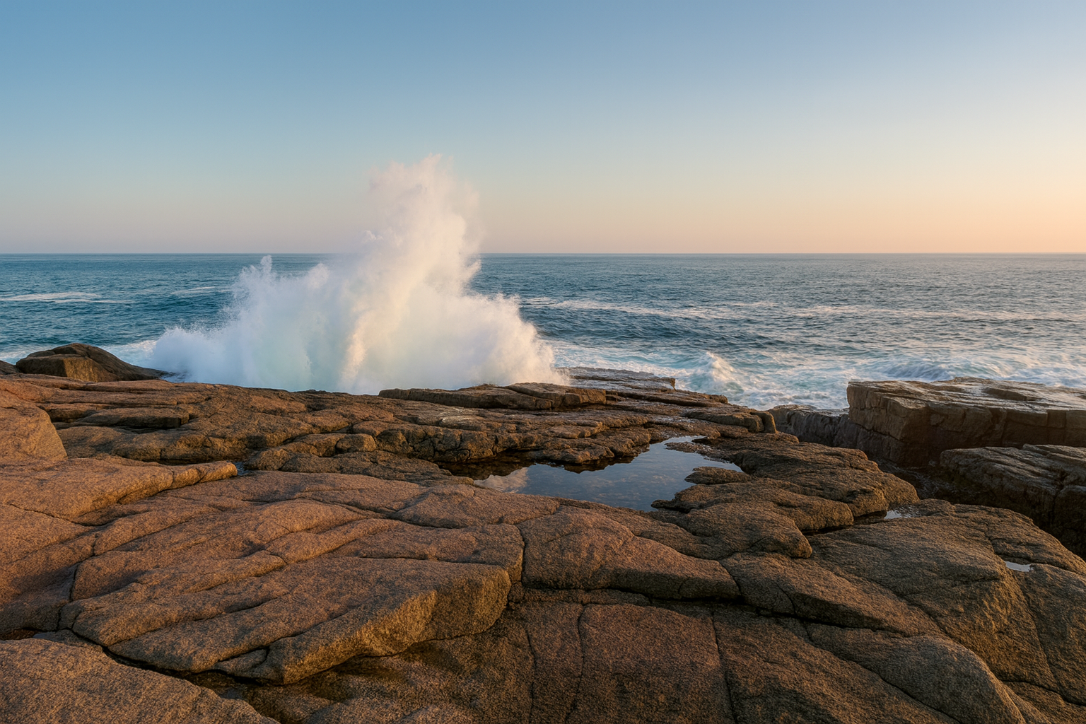 Waves crash against pink granite cliffs at Schoodic Point Acadia National Park at sunset.