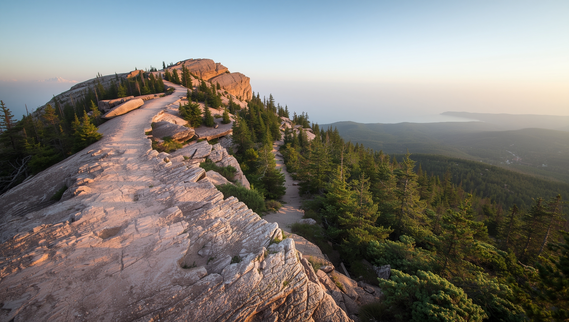 Twin ridge trails winding over pink granite cliffs in Acadia National Park with forest and ocean views below Twin ridge trails winding over pink granite cliffs in Acadia National Park with forest and ocean views below
