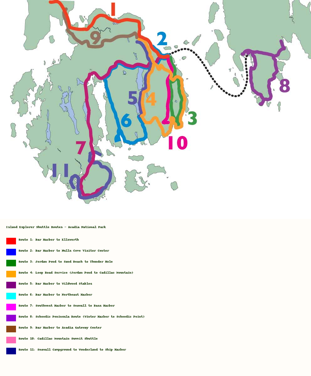 Acadia Island Explorer map showing all shuttle routes and key stops across Acadia National Park